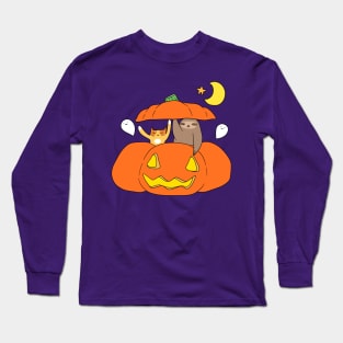 Tabby Cat Sloth and Pumpkin Long Sleeve T-Shirt